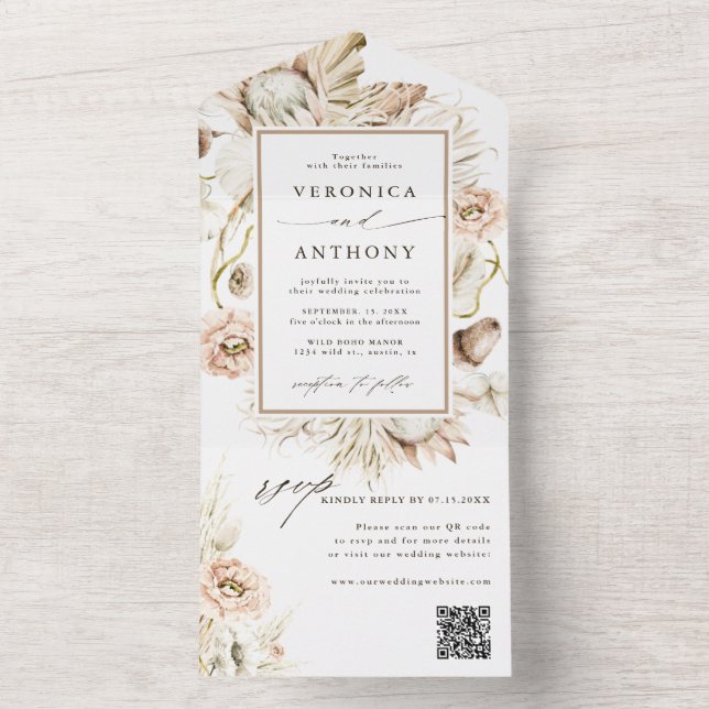 Boho Protea Pampas Grass Wedding QR Code All In One Invitation (Inside)