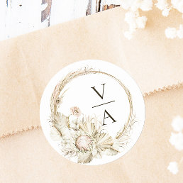 Boho Protea Pampas Grass Wreath Wedding Monogram Classic Round Sticker