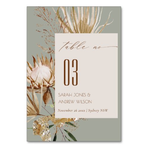 Boho Protea Saga Green Dry Palm Floral Wedding Table Number