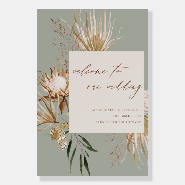 Boho Protea Saga Green Palm Floral Welcome Wedding Foam Board (Front)