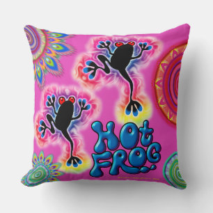 Boho psychedelic hot frog throw cushion cerise