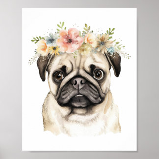 Boho Pug Dog Flower Crown Watercolor Poster