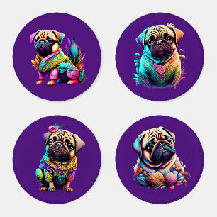 Boho Pugs With Flowers & Feathers Coaster Set