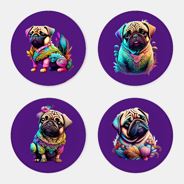 Boho Pugs With Flowers & Feathers Coaster Set (Set)