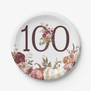 Boho Pumpkin Autumn Bloom 100th Birthday Paper Plates