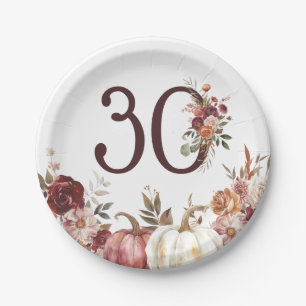 Boho Pumpkin Autumn Bloom 30th Birthday Paper Plates