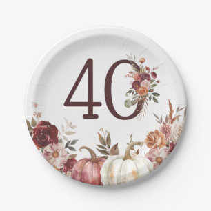 Boho Pumpkin Autumn Bloom 40th Birthday Paper Plates