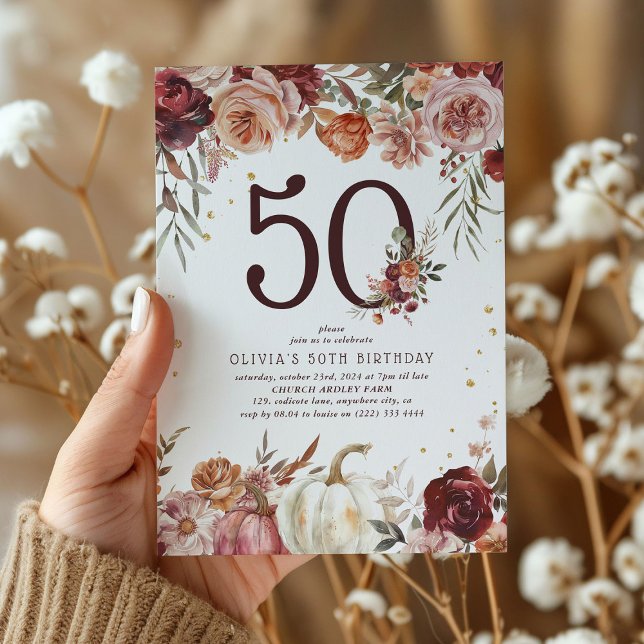Boho Pumpkin Autumn Bloom 50th Birthday Invitation (Creator Uploaded)