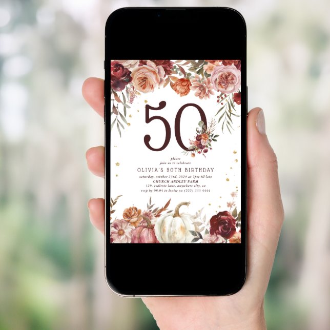 Boho Pumpkin Autumn Bloom 50th Birthday Invitation (Front Digital)