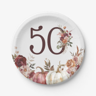 Boho Pumpkin Autumn Bloom 50th Birthday Paper Plates