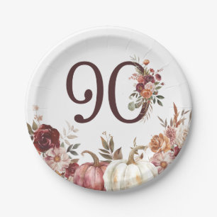 Boho Pumpkin Autumn Bloom 90th Birthday Paper Plates