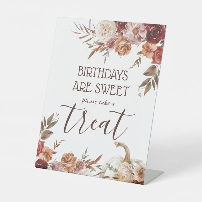 Boho Pumpkin Autumn Bloom Birthday Treat Pedestal Sign (Front)