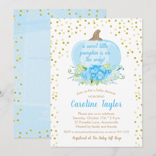 Boho Pumpkin Baby Boy Shower Watercolor Blue Gold Invitation (Front/Back)