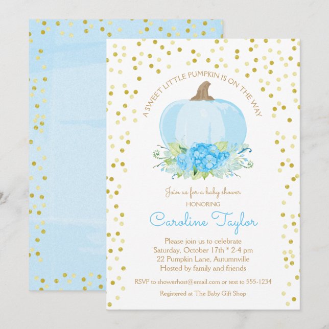 Boho Pumpkin Baby Boy Shower Watercolor Blue Gold Invitation (Front/Back)
