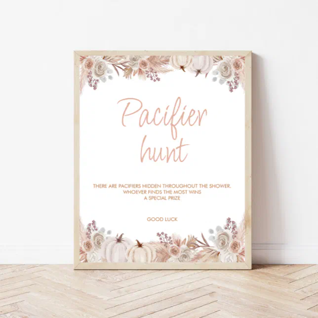 Boho Pumpkin Baby Shower Pacifier Hunt Sign | Zazzle