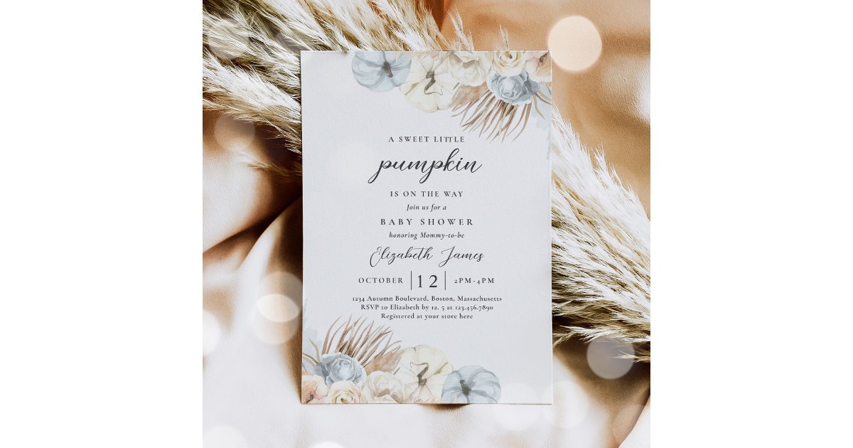 Boho Pumpkin Blue Pampas Grass Boy Baby Shower Invitation | Zazzle