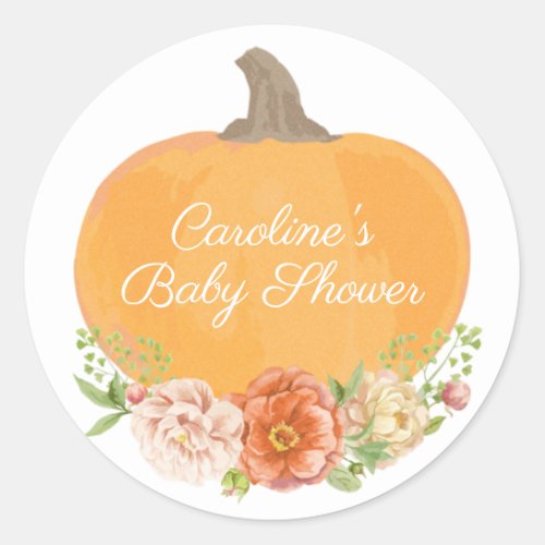 Boho Pumpkin Fall Baby Shower Watercolor Floral Classic Round Sticker