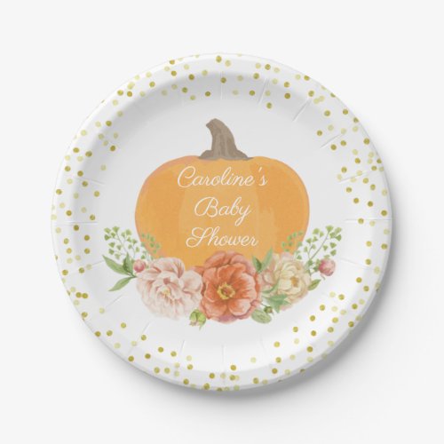 Boho Pumpkin Fall Baby Shower Watercolor Floral Paper Plates