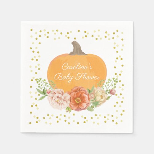 Boho Pumpkin Fall Floral Baby Shower Watercolor Napkins