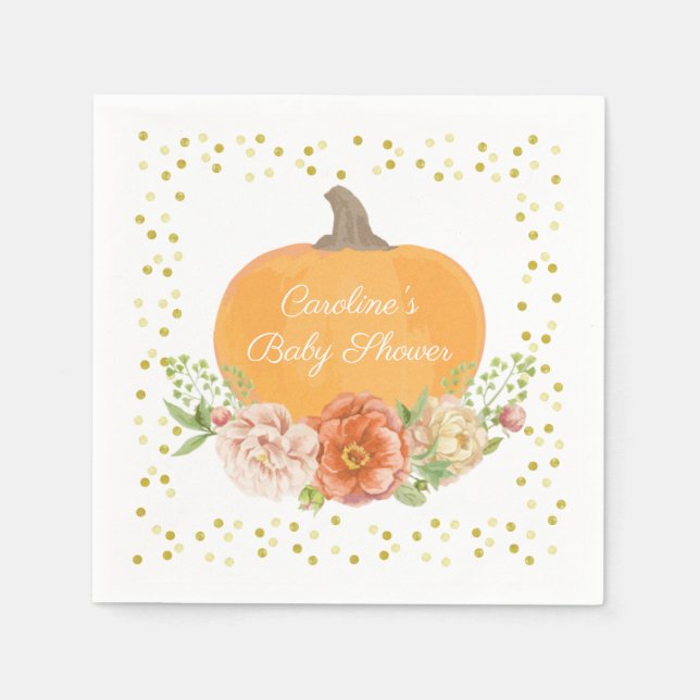 Boho Pumpkin Fall Floral Baby Shower Watercolor Napkins (Front)
