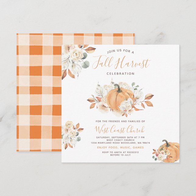 Boho Pumpkin Fall Harvest Party, Fall Community  Invitation (Front/Back)