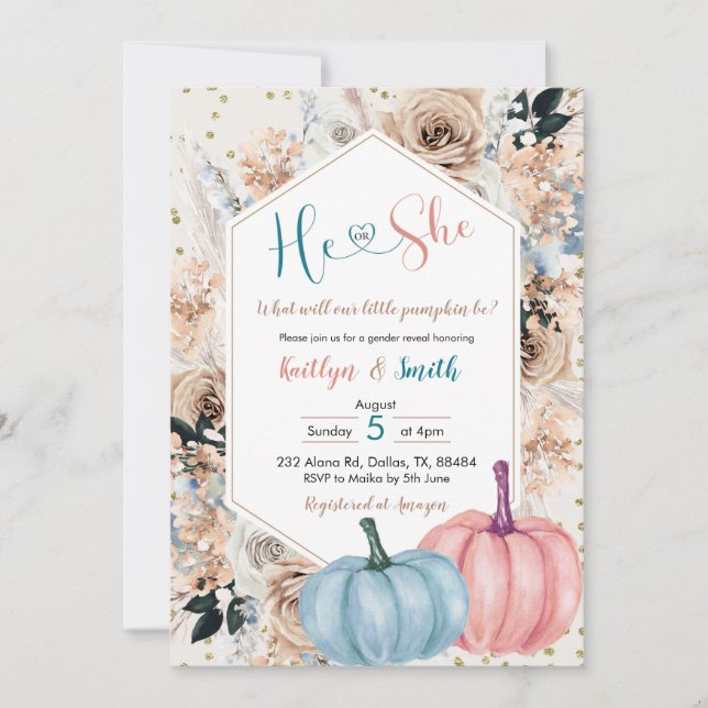 Boho Pumpkin Fall He or She Gender Reveal Invitati Invitation (Front)
