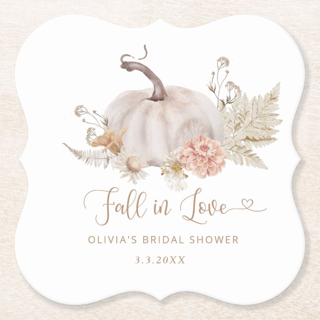 Boho pumpkin fall in love bridal shower paper coaster (Front)