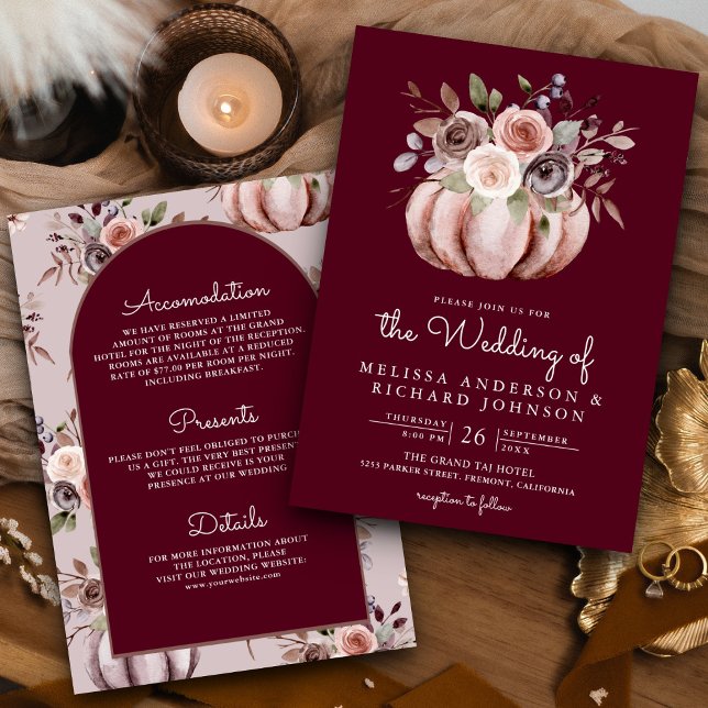 Boho Pumpkin Floral All in One Burgundy Wedding Invitation (Creator Uploaded)