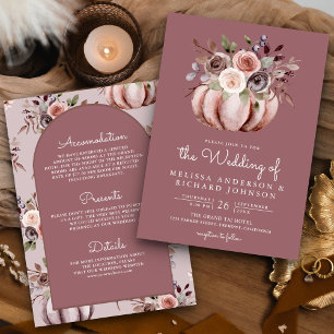 Boho Pumpkin Floral All in One Dusty Rose Wedding Invitation