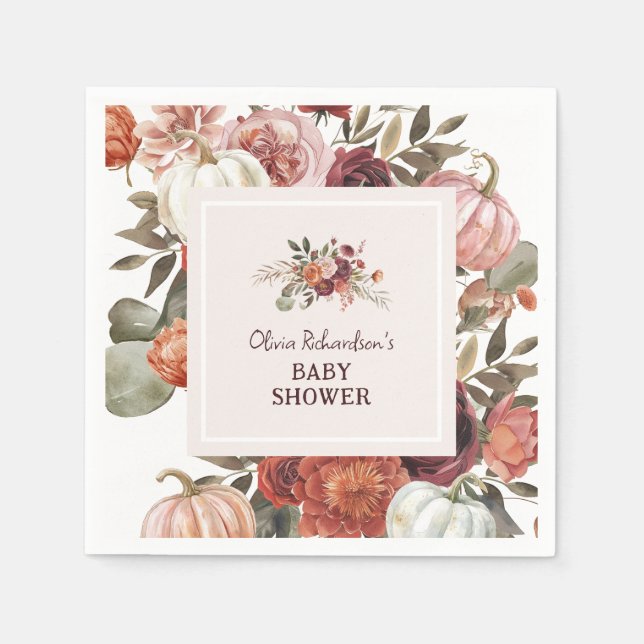 Boho Pumpkin Floral Fall Baby Shower Napkins (Front)