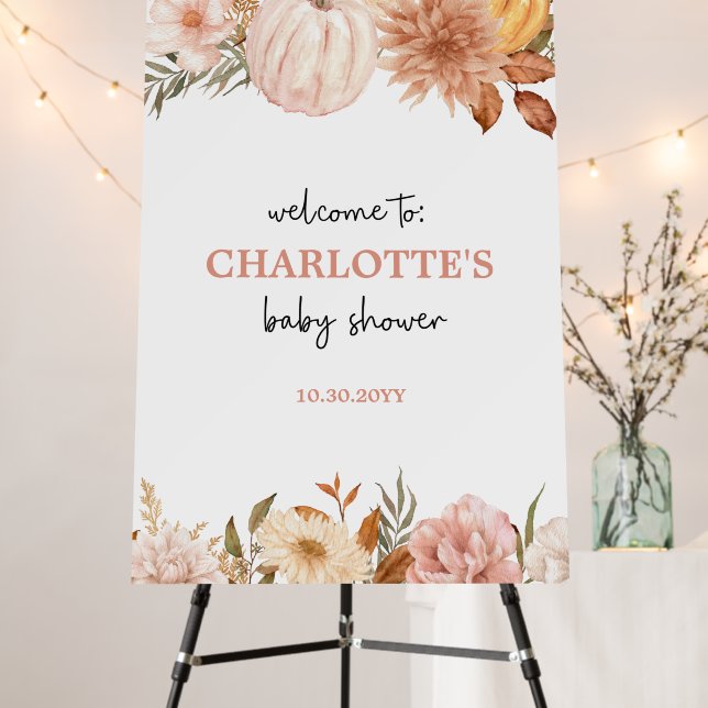 Boho Pumpkin Floral Fall Baby Shower Welcome Sign (In Situ (Stand))