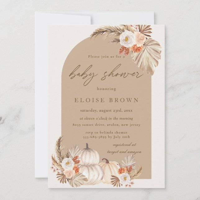 Boho Pumpkin Pampas Grass Floral Arch Baby Shower  Invitation (Front)