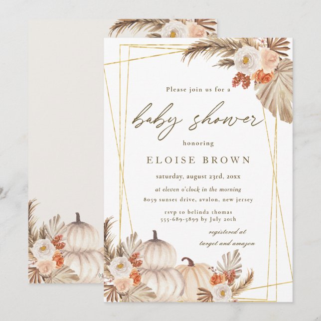 Boho Pumpkin Pampas Grass Geometric Baby Shower   Invitation (Front/Back)