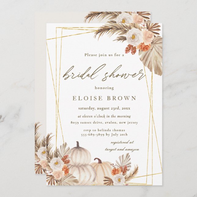 Boho Pumpkin Pampas Grass Geometric Bridal Shower  Invitation (Front/Back)