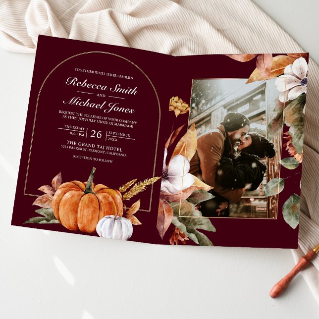 Boho Pumpkin Photo QR Code Burgundy Wedding Invitation (Creator Uploaded)