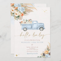 Boho Pumpkin Pickup Truck Blue Boy Baby Shower Invitation