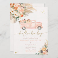 Boho Pumpkin Pickup Truck Peach Girl Baby Shower Invitation