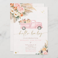 Boho Pumpkin Pickup Truck Pink Girl Baby Shower Invitation