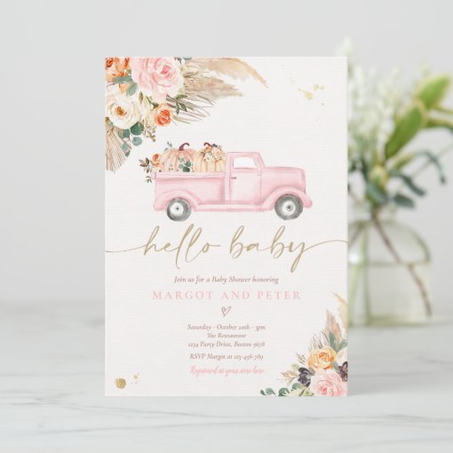 Boho Pumpkin Pickup Truck Pink Girl Baby Shower Invitation | Zazzle