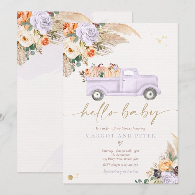 Boho Pumpkin Pickup Truck Purple Girl Baby Shower Invitation (Front/Back)