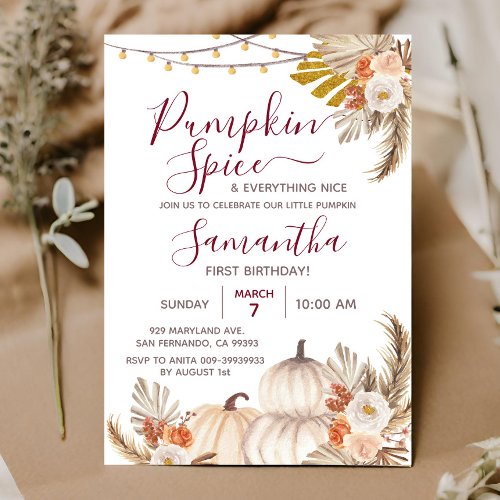 Boho Pumpkin Spice  Everything Nice 1st Birthday Invitation