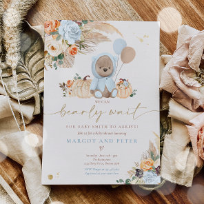 Boho Pumpkin Teddy Bear Blue Boy Baby Shower Invitation