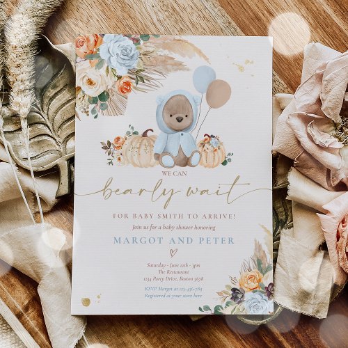 Boho Pumpkin Teddy Bear Blue Boy Baby Shower Invitation