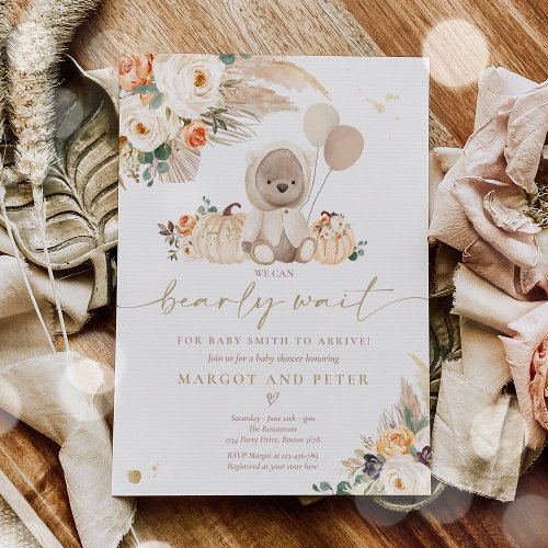 Boho Pumpkin Teddy Bear Gender Neutral Baby Shower Invitation