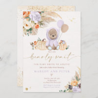 Boho Pumpkin Teddy Bear Lilac Bear Baby Shower Invitation