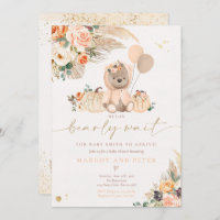 Boho Pumpkin Teddy Bear Peach Girl Baby Shower Invitation