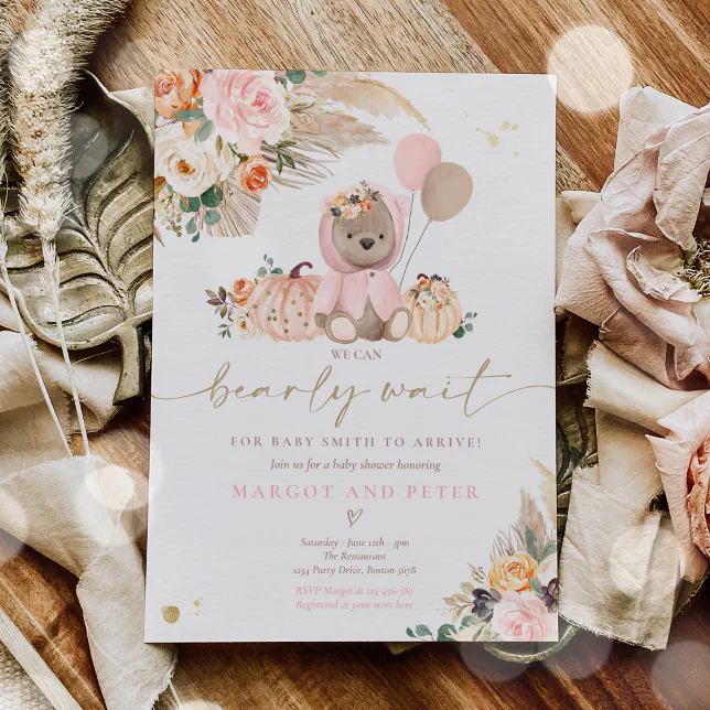 Boho Pumpkin Teddy Bear Pink Girl Bear Baby Shower Invitation | Zazzle