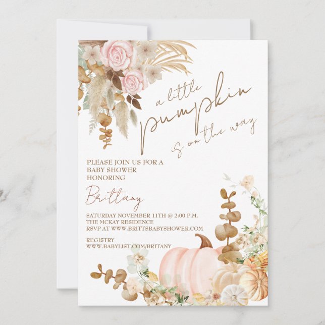 Boho pumpkin theme baby shower collection invitation (Front)