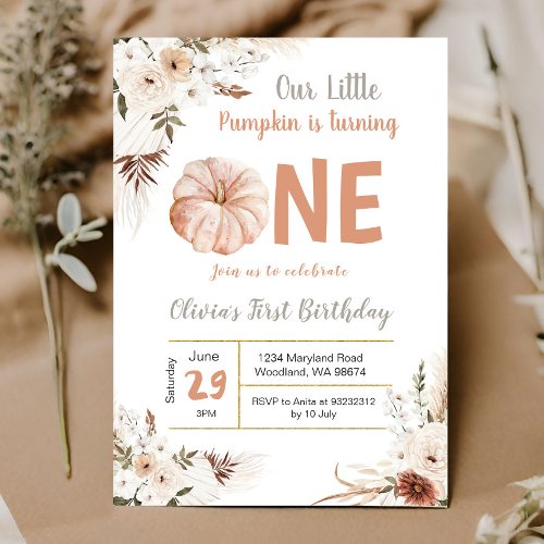 Boho Pumpkin Turning One Birthday invitation