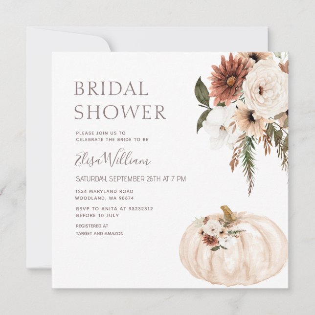Boho Pumpkin Wildflowers Bridal Shower invitation  (Front)